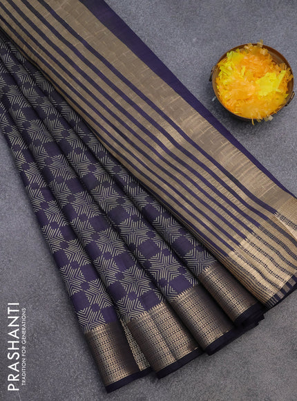 Semi raw silk saree navy blue with allover prints and zari woven border