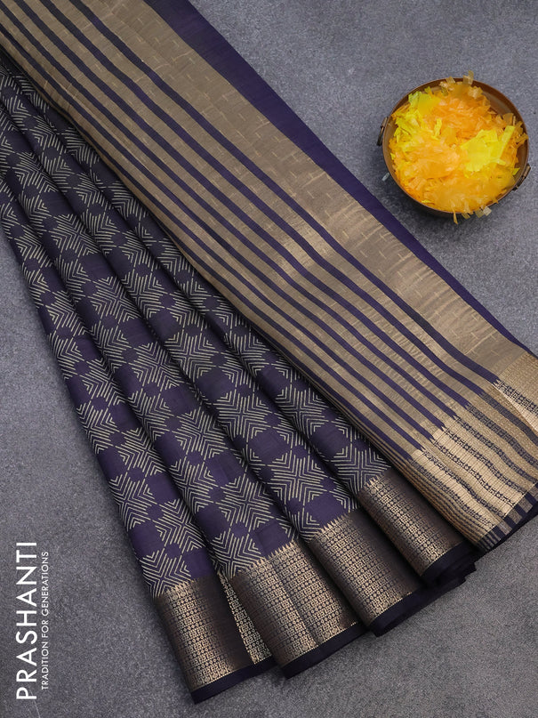 Semi raw silk saree navy blue with allover prints and zari woven border