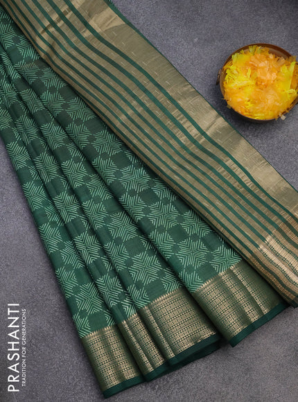 Semi raw silk saree dark green with allover prints and zari woven border