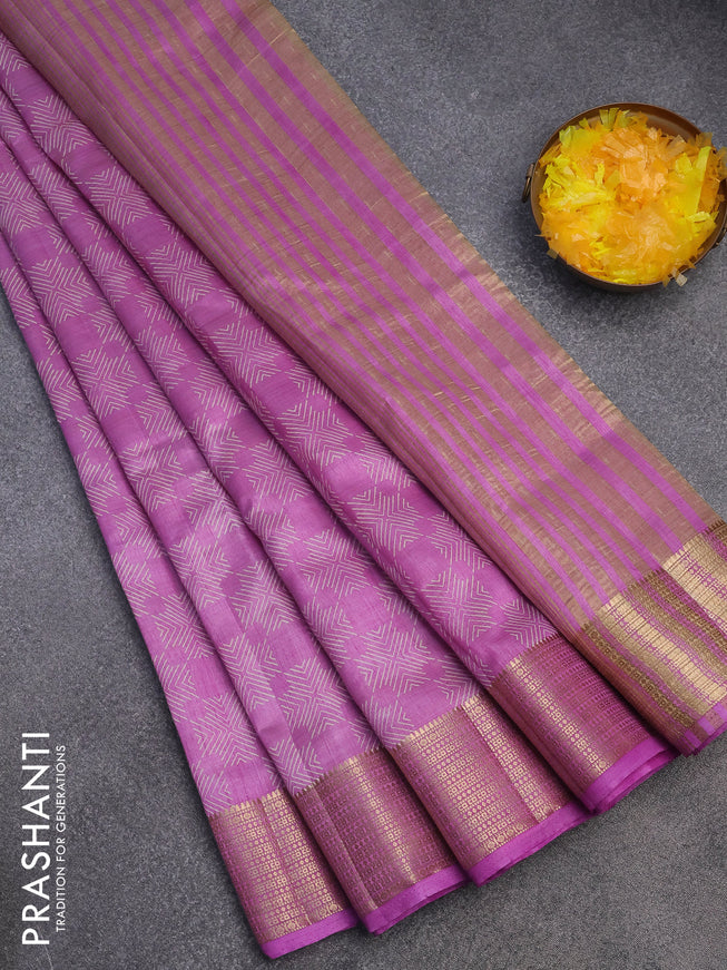 Semi raw silk saree lavender with allover prints and zari woven border