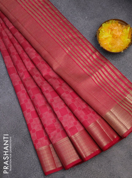 Semi raw silk saree reddish pink with allover prints and zari woven border