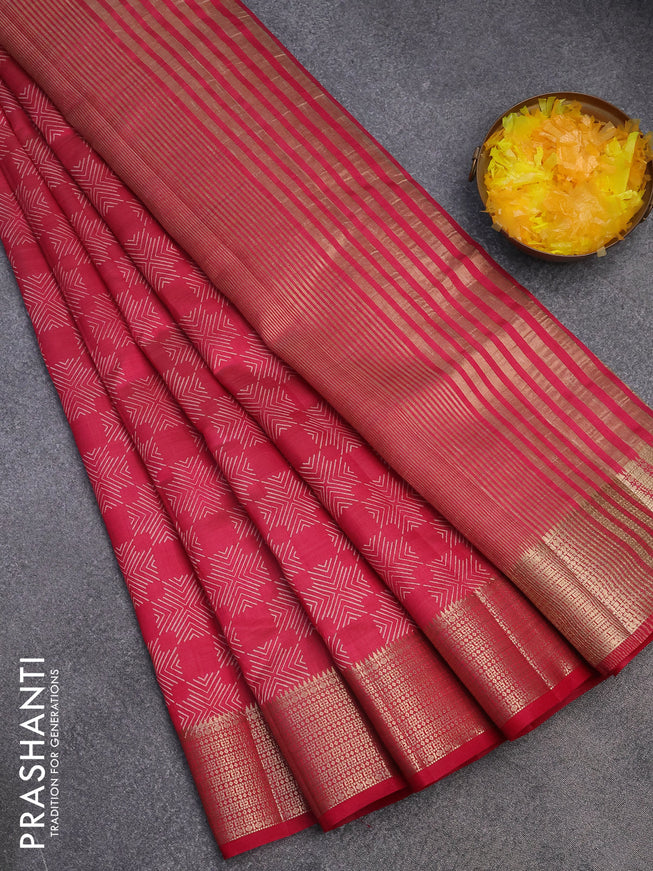 Semi raw silk saree reddish pink with allover prints and zari woven border