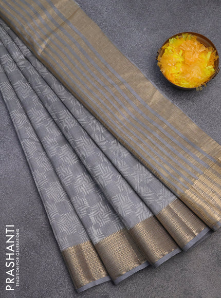 Semi raw silk saree grey with allover prints and zari woven border