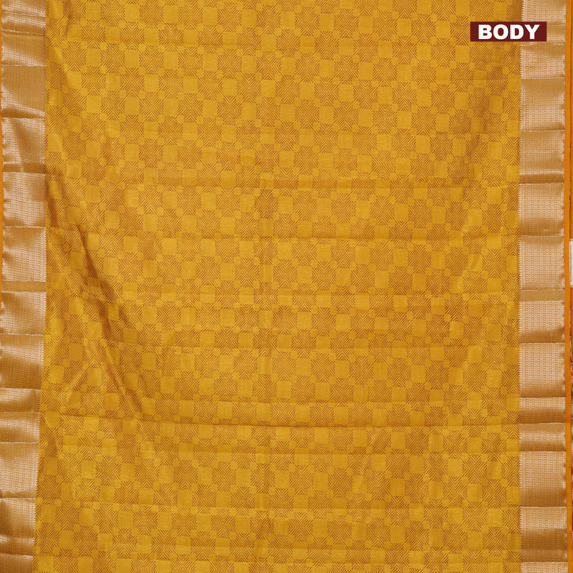 Semi raw silk saree mustrad yellow with allover prints and zari woven border