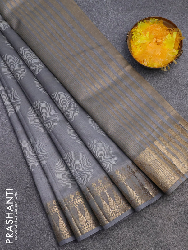 Semi raw silk saree grey with butta prints and zari woven border