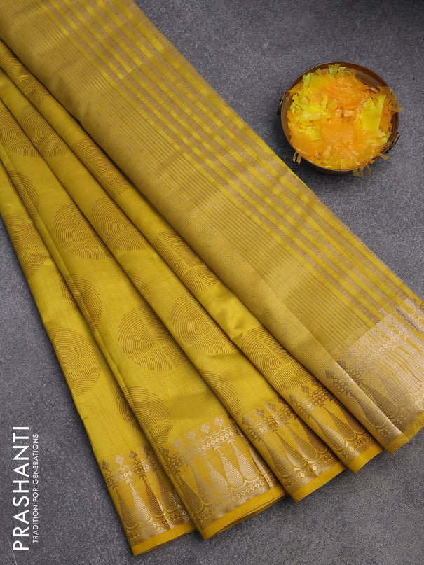 Semi raw silk saree yellow with butta prints and zari woven border