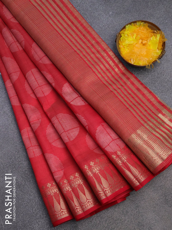 Semi raw silk saree red with butta prints and zari woven border