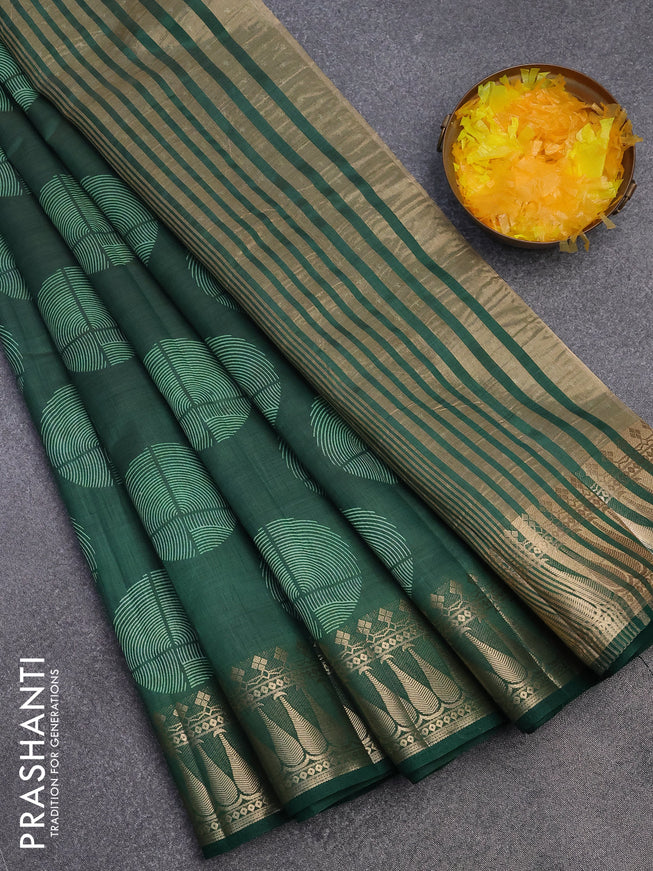 Semi raw silk saree bottle green with butta prints and zari woven border