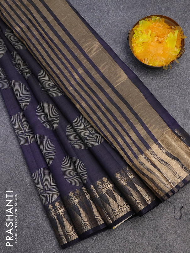 Semi raw silk saree navy blue with butta prints and zari woven border