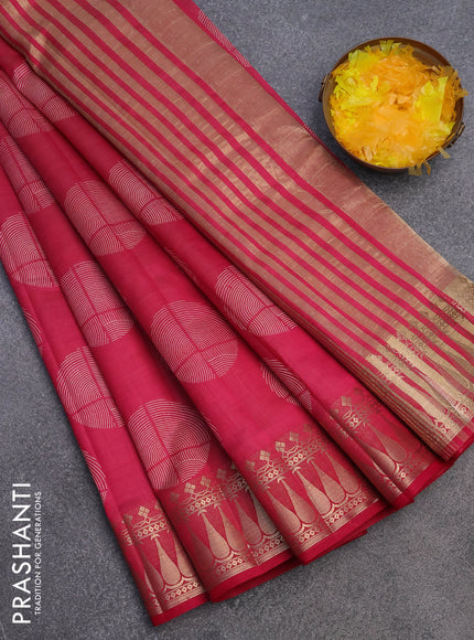 Semi raw silk saree reddish pink with butta prints and zari woven border