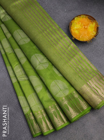 Semi raw silk saree light green with butta prints and zari woven border