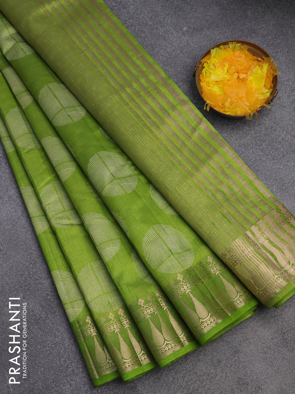 Semi raw silk saree light green with butta prints and zari woven border