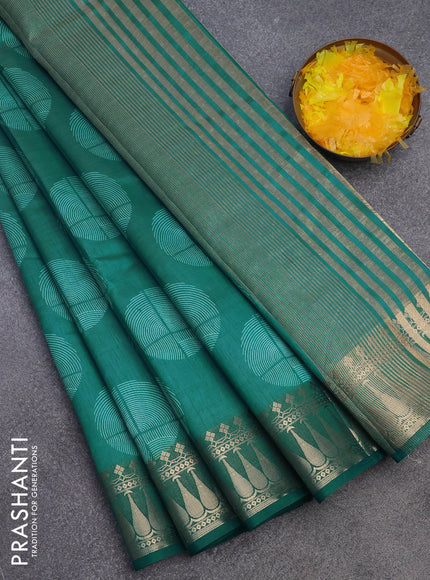 Semi raw silk saree teal blue shade with butta prints and zari woven border