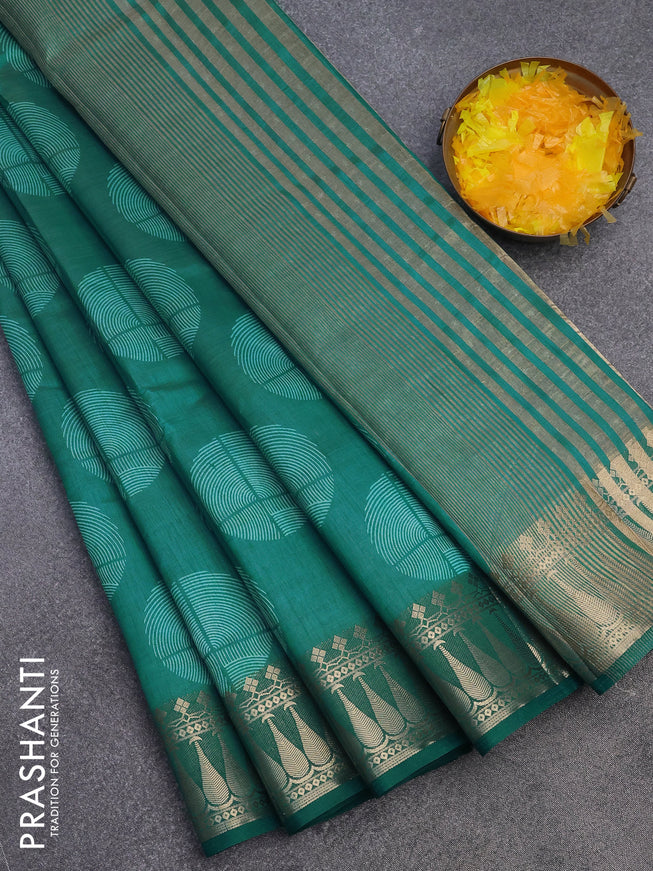 Semi raw silk saree teal blue shade with butta prints and zari woven border