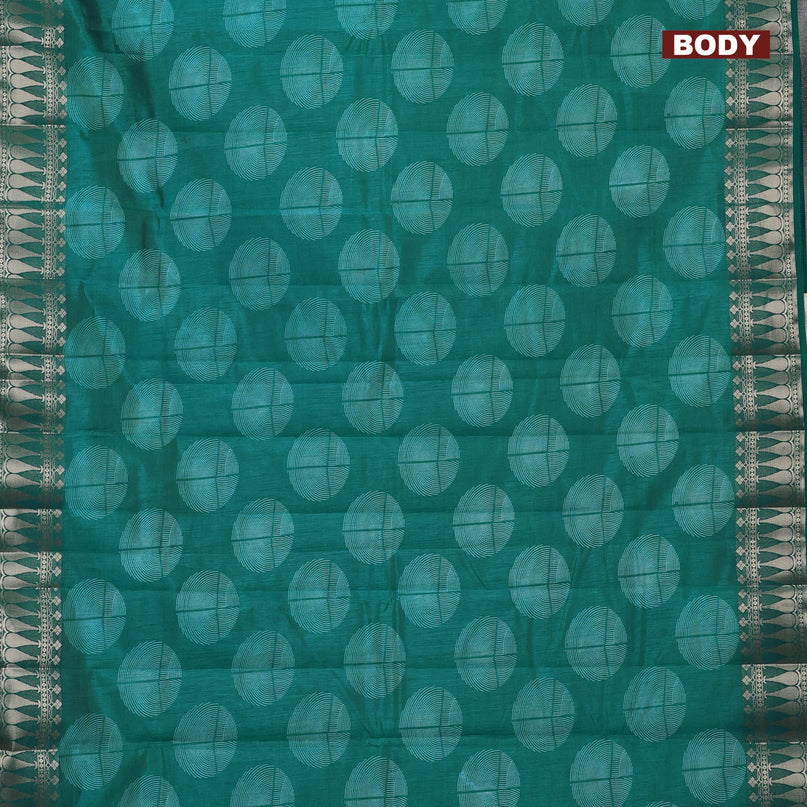 Semi raw silk saree teal blue shade with butta prints and zari woven border