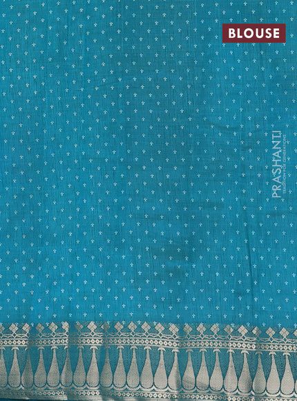 Semi raw silk saree teal blue shade with butta prints and zari woven border