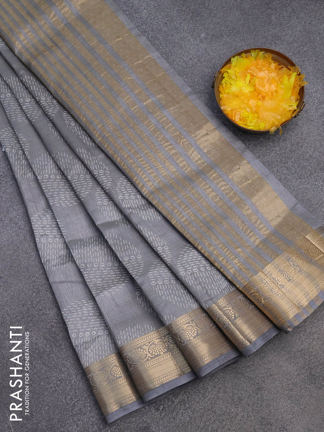 Semi raw silk saree grey with butta prints and zari woven border