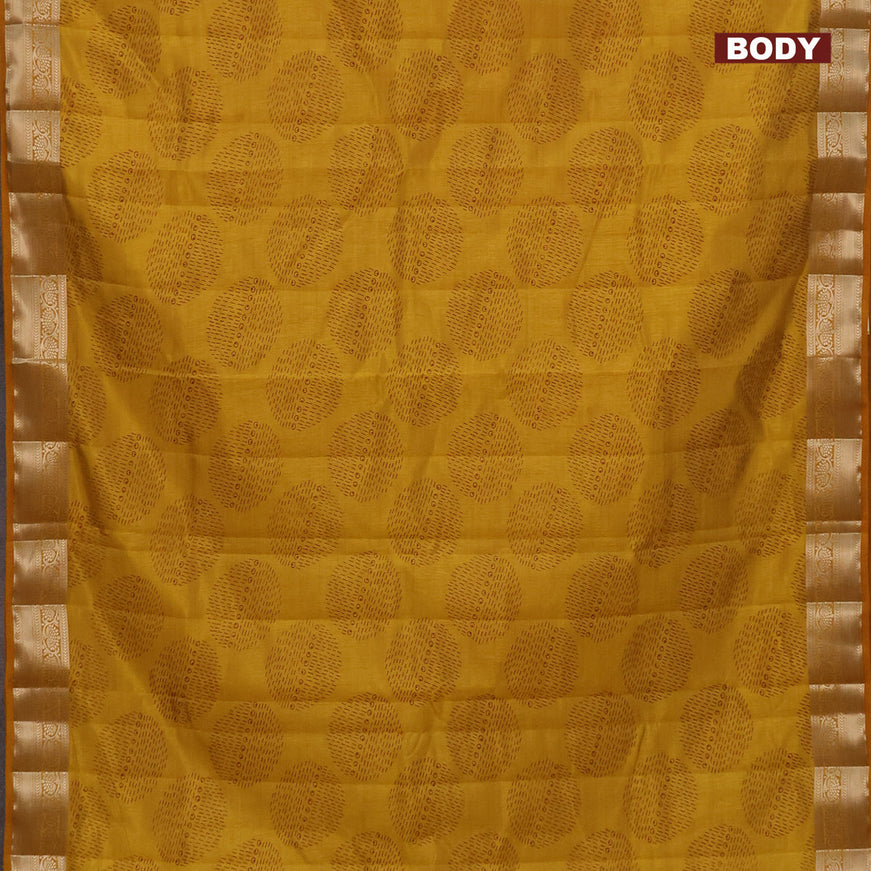 Semi raw silk saree mustard yellow with butta prints and zari woven border