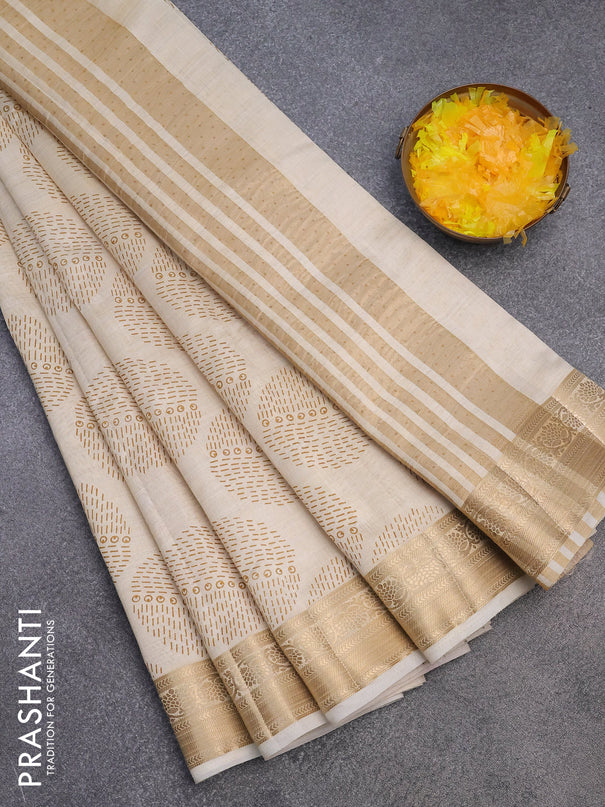 Semi raw silk saree cream with butta prints and zari woven border