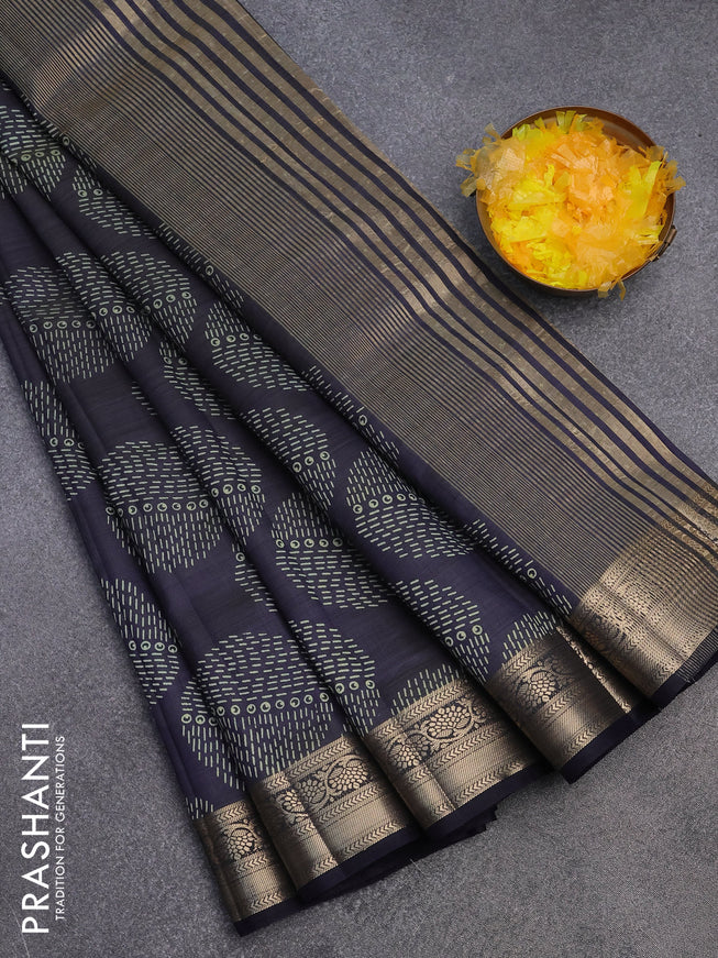 Semi raw silk saree dark navy blue with butta prints and zari woven border