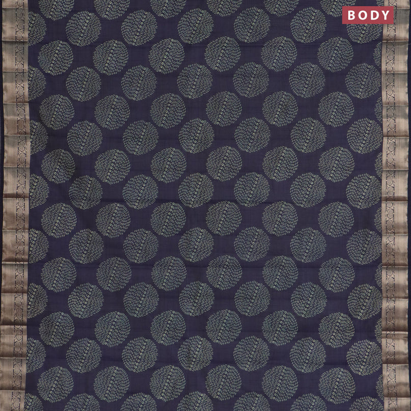 Semi raw silk saree dark navy blue with butta prints and zari woven border