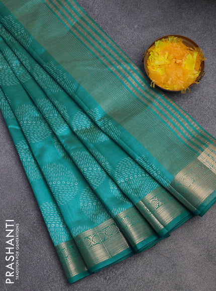 Semi raw silk saree teal blue with butta prints and zari woven border