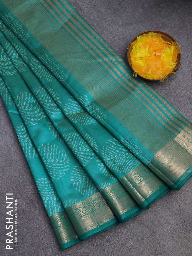 Semi raw silk saree teal blue with butta prints and zari woven border