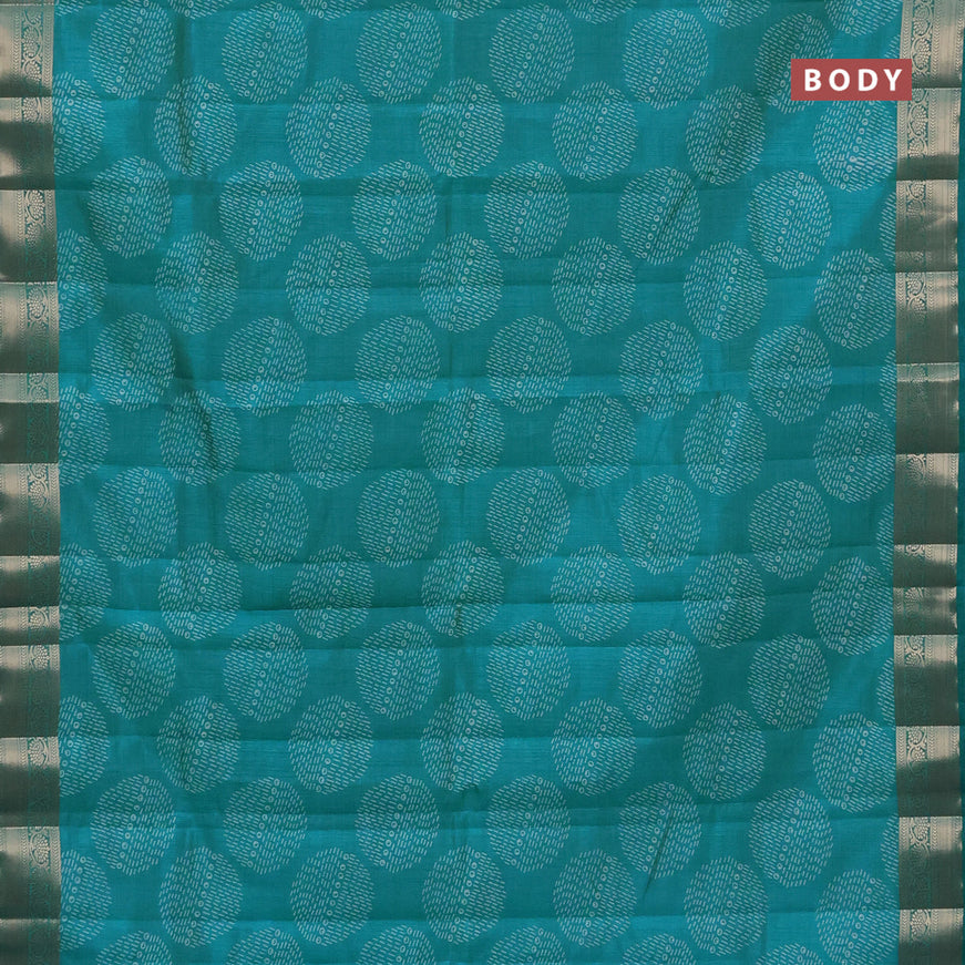 Semi raw silk saree teal blue with butta prints and zari woven border