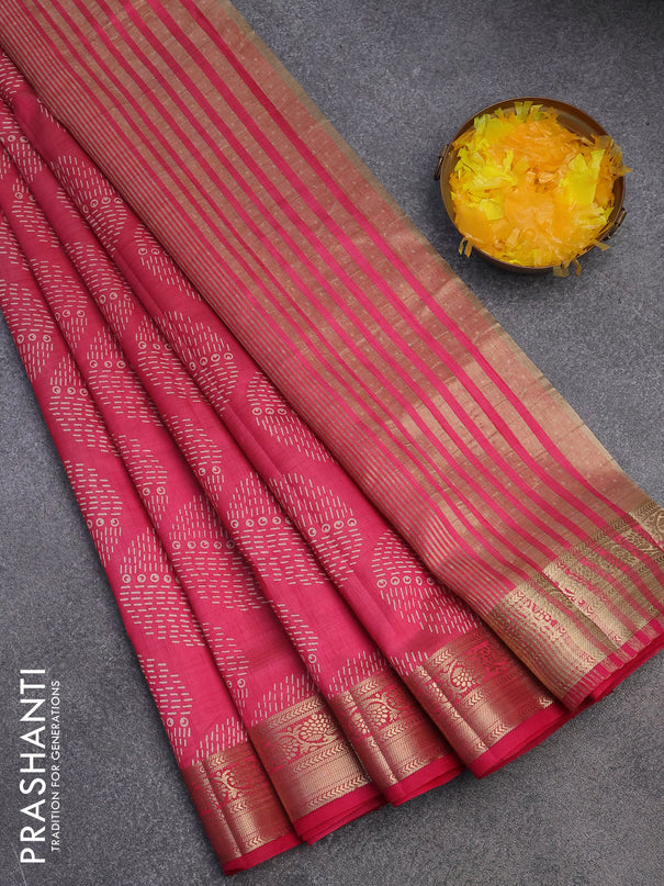 Semi raw silk saree pink with butta prints and zari woven border