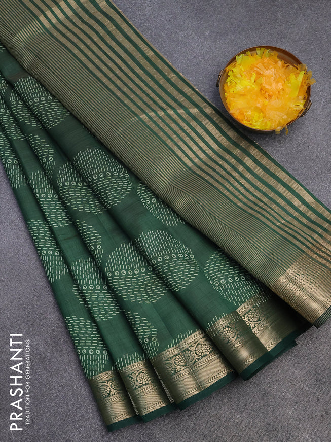 Semi raw silk saree bottle green with butta prints and zari woven border