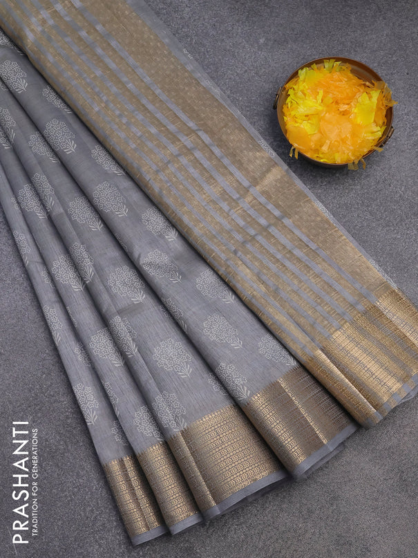 Semi raw silk saree grey with floral butta prints and zari woven border