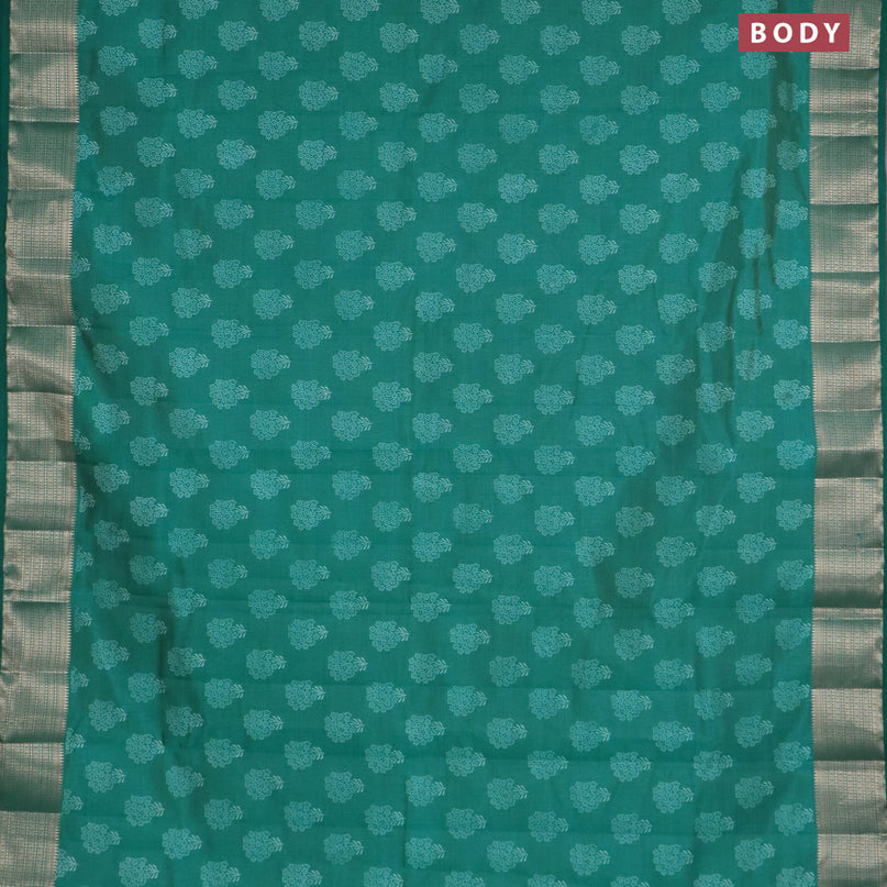 Semi raw silk saree teal green shade with floral butta prints and zari woven border