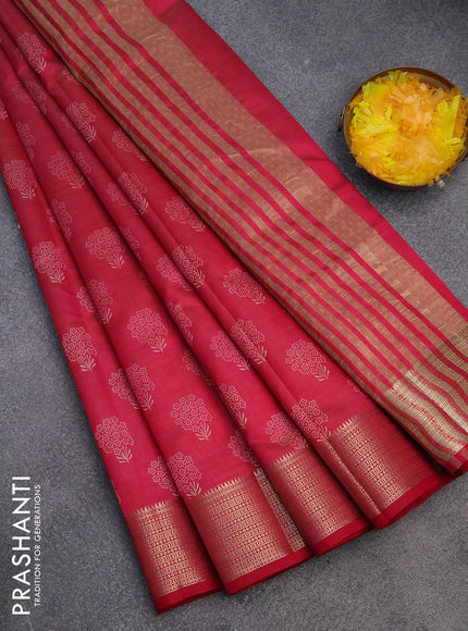 Semi raw silk saree reddish pink with floral butta prints and zari woven border