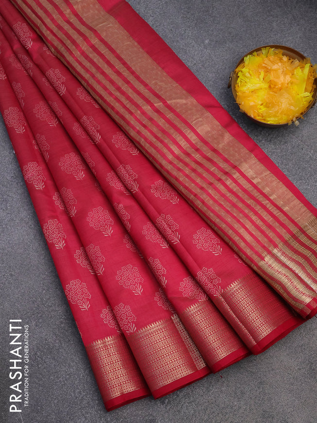 Semi raw silk saree reddish pink with floral butta prints and zari woven border