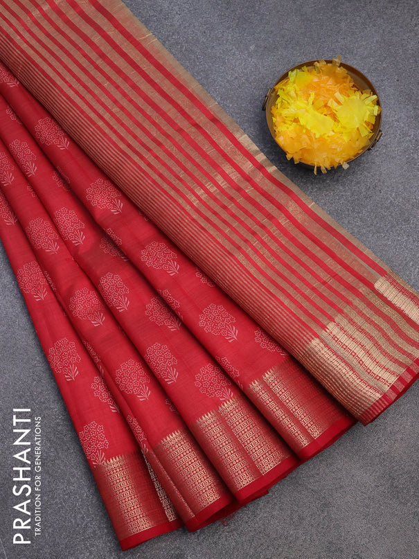 Semi raw silk saree red with floral butta prints and zari woven border