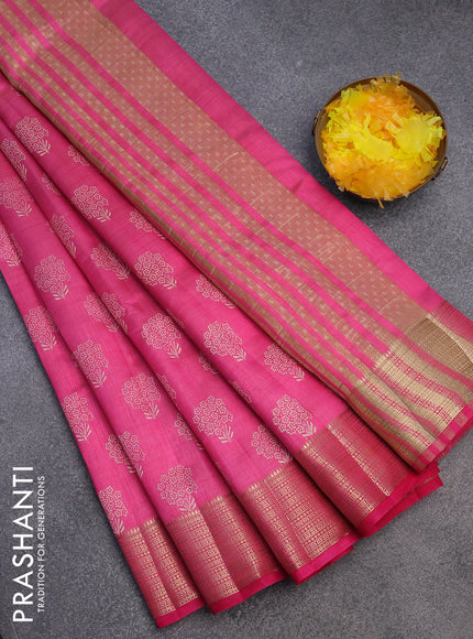 Semi raw silk saree pink with floral butta prints and zari woven border