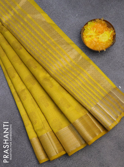 Semi raw silk saree yellow with floral butta prints and zari woven border