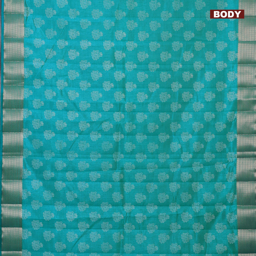 Semi raw silk saree teal blue with floral butta prints and zari woven border