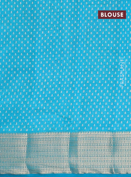 Semi raw silk saree teal blue with floral butta prints and zari woven border