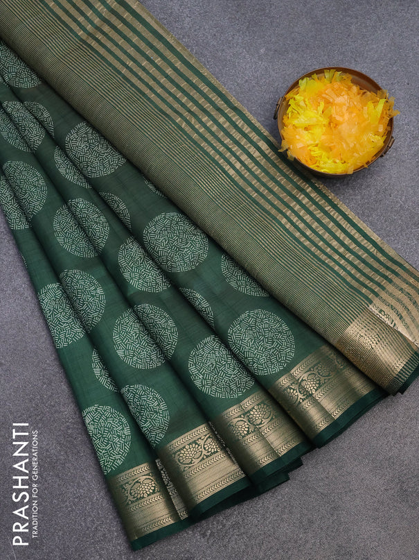 Semi raw silk saree bottle green with butta prints and zari woven border