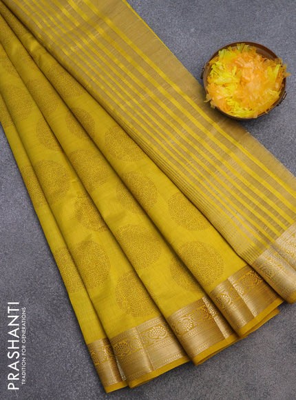 Semi raw silk saree yellow with butta prints and zari woven border