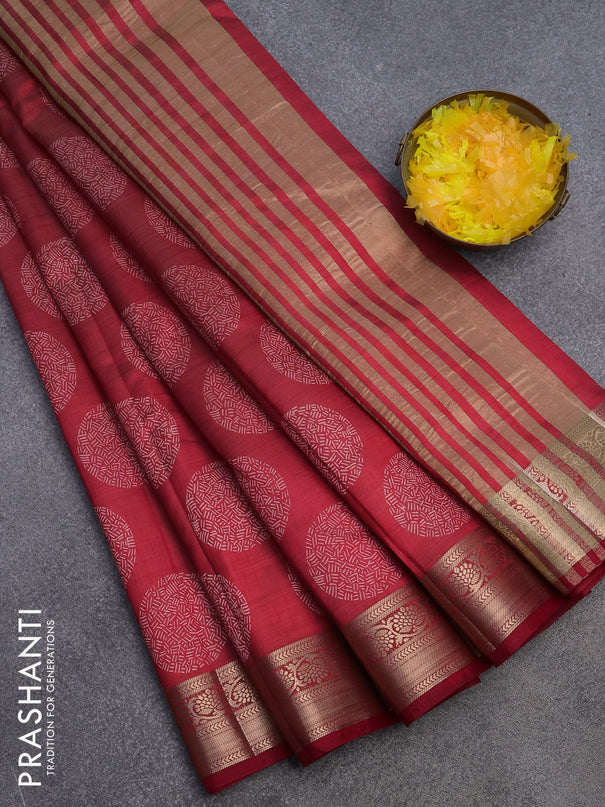 Semi raw silk saree red with butta prints and zari woven border