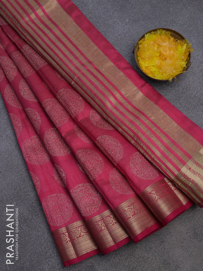 Semi raw silk saree pink with butta prints and zari woven border