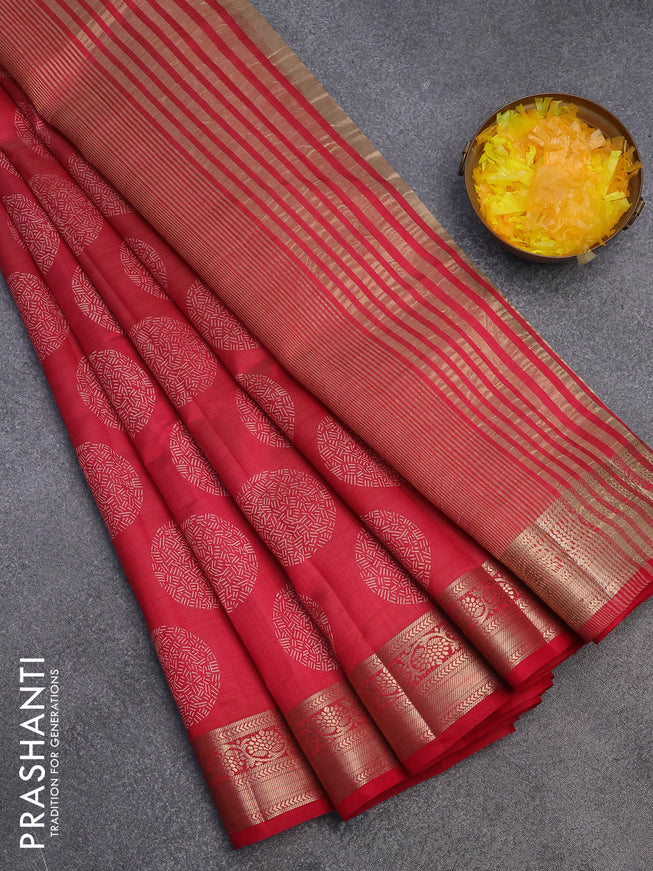 Semi raw silk saree red with butta prints and zari woven border