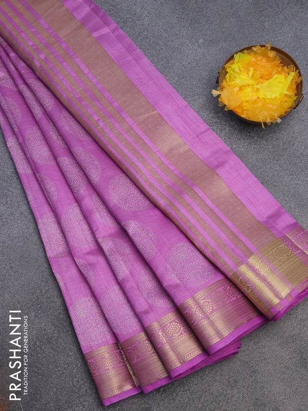 Semi raw silk saree lavender with butta prints and zari woven border