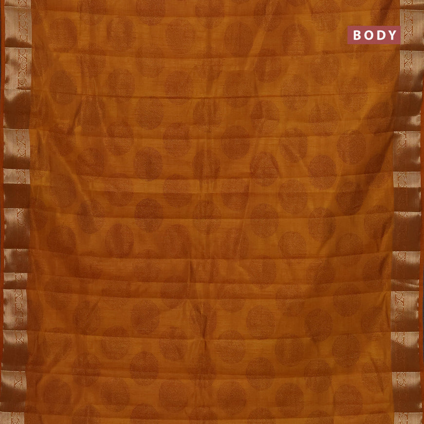 Semi raw silk saree dark mustard with butta prints and zari woven border