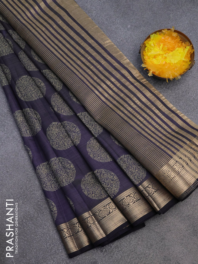 Semi raw silk saree navy blue with butta prints and zari woven border