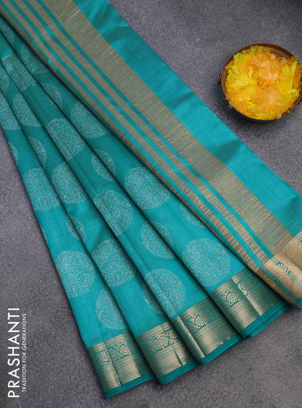 Semi raw silk saree teal blue with butta prints and zari woven border