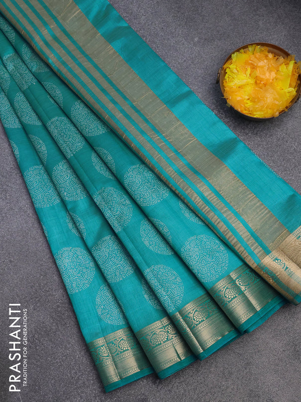 Semi raw silk saree teal blue with butta prints and zari woven border