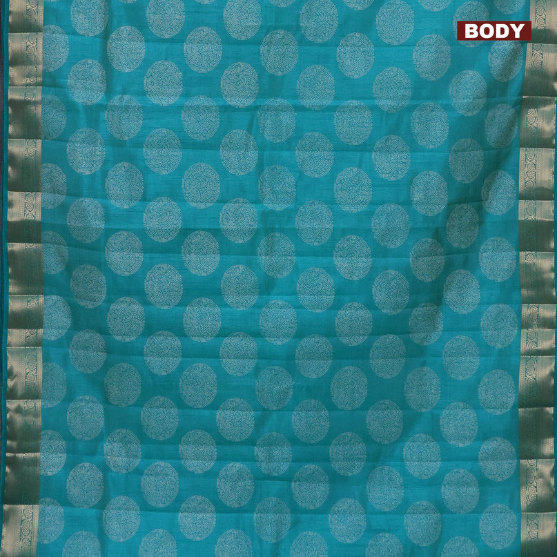 Semi raw silk saree teal blue with butta prints and zari woven border